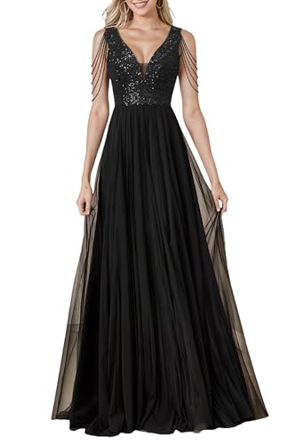 HOMEYEE Damen Vintage Pailletten Mesh Glitzer V-Ausschnitt Party Ballkleid Sexy Rückenfrei Abendkleider A-Linie Hochzeitskleid A488 (M, Schwarz)