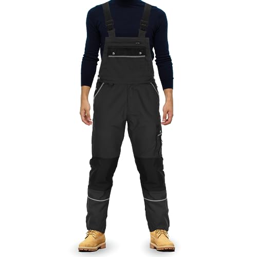 TMG® | Lange Arbeitslatzhose Herren, Schwarze Latzhose mit Kniepolstertaschen aus Cordura, viel Stauraum, robust | 52