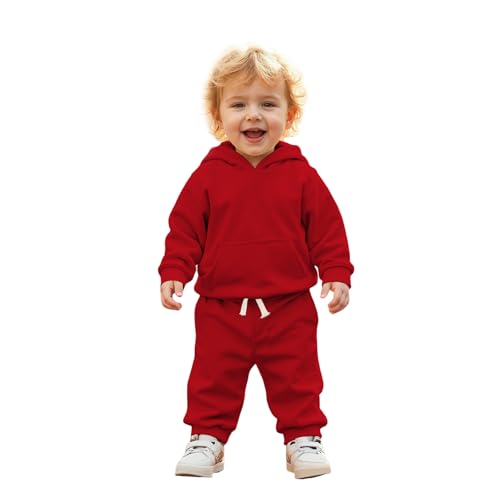BOUTIKOME Baby Kleidung Jungen Mädchen Outfits Neugeborene Babykleidung Kapuzenpullover und Hose Zweiteiler Set mit Kapuze Warme Weicher Langarmshirt Einfarbig Kinder Hoodie(Rot,12-18Monate)