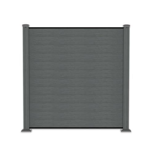 Gartenwelt Riegelsberger WPC Sichtschutzzaun Komplettset Steckzaun Grau Gesamtlänge 9,13 m 5 Zaunelemente mit 6 Pfosten 190 cm Pfostenträger zum Aufschrauben & Montagematerialien