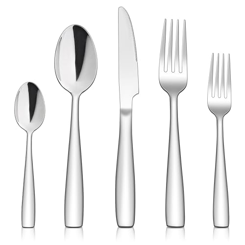 TEAMFAR Besteck Set, 30 teiliges Edelstahl poliert Essbesteck mit Messer Löffel Gabel für 6 Personen, Modern Besteckset für Party/Familie/Restaurant, Hochwertige & Spülmaschinenfest
