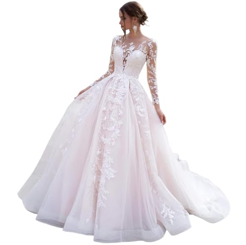 HUINI Damen Lang Brautkleid Hochzeitskleid Standesamt Boho Vintage Strand Brautmode Brautkleider mit Schleppe A-Weiß 44
