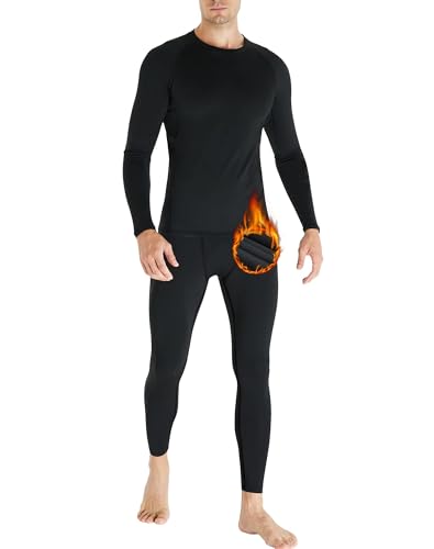 HOPLYNN Thermal Underwear Herren Funktionsunterwäsche Set Atmungsaktiv Innenfleece Skiunterwäsche Männer Winter für Joggen,Radfahren,Fußball,Skifahren,Motorrad Warme Schwarz M