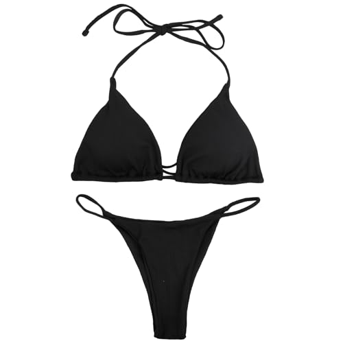 Wisebom Damen Bikini Set Zweiteiliger Badeanzug Bikini Bikini Damen Neckholder Triangel String Bikini Set mit Brustpolster Schwarz (DE/NL/SE/PL, Alphanumerisch, M, Regular, Regular, Schwarz)