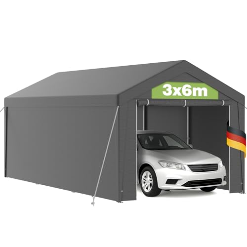 Pavillon Carport 3x6m mit UV-beständiger PE Plane, wasserdichtem Dach, Stabiler Stahlrohrkonstruktion, Metallrahmen, Bodenrahmen, abnehmbaren Seitenwänden, Weidezelt, Garagenzelt, Lagerzelt, Grau
