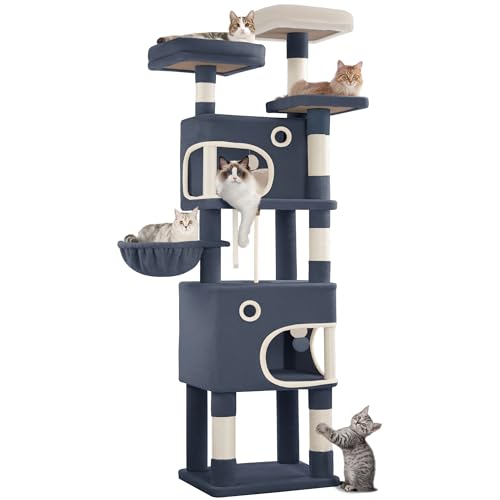 Hzuaneri Kratzbaum, 180 cm Katzenbaum mit 8 Kratzsäulen, 3 Plattformen, 2 Höhlen, Korb, Plüschbälle, Sisalseil, Geeignet für Katzen Verschiedener Größen, Dunkelgrau MS18018SG