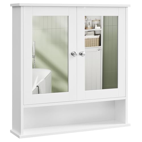 VASAGLE Spiegelschrank, Badschrank, Wandschrank, Hängeschrank mit 2 Spiegeltüren und offenem Fach, verstellbare Ablage, Wandmontage, 15 x 65 x 75 cm, weiß LHC012W01