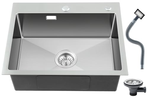 ROVOGO Edelstahl 304 Spülbecken Küche 45 x 55 cm, Spüle mit Löchern für Armatur und Seifenspender, Einbauspüle mit Siebkorbventil und Überlauf, Handgefertigte Küchenspüle, Gebürstet