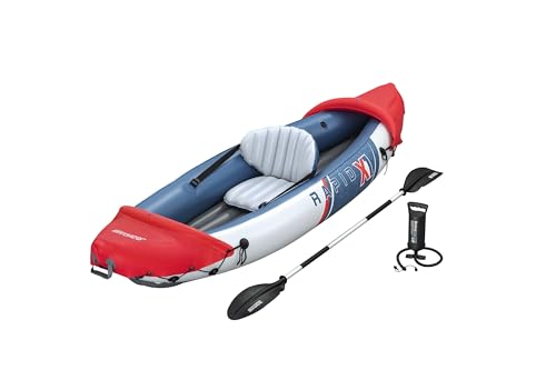 Bestway Hydro Force Kajak-Set Rapid X1, 290 x 91 x 42 cm, 1 Person, bis 120 kg, Inflata-Shield Material, GS-zertifiziert, aufblasbarer Sitz, abnehmbare Finnen, Aluminium-Paddel, Handpumpe, Tragetasche