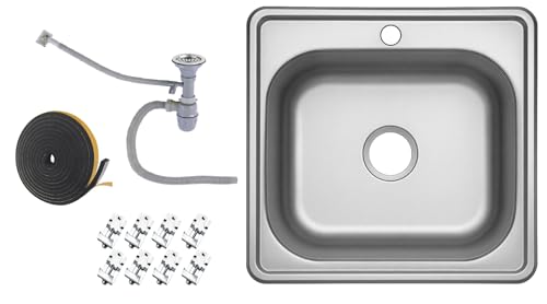 Faizee Möbel | Hochwertige Edelstahlspüle 48 x 48 cm – Runde Einbauspüle für die Küche inkl. Siphon-Set