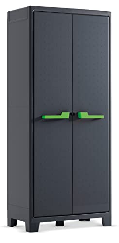 Keter Moby Kunststoffschrank, hoch, anthrazit/grün/grau, 80 x 44 x 182 cm, inklusiv 4 höhenverstellbaren Böden mit je 30kg Tragkraft, für drinnen und draußen geeignet, UV- und wasserbeständig (IPX3)