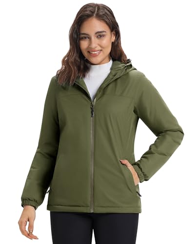 33,000ft Damen Regenjacke Übergangsjacke Wasserdicht Winddicht Fleece Lined Jacket Atmungsaktiv Warme Leichte Wanderjacke mit Kapuze Grün M