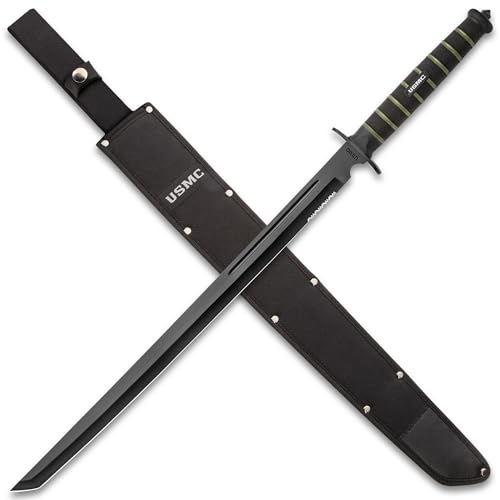 USMC Blackout Combat Tanto Schwert mit Nylonscheide, AUS-6 Edelstahl-Tanto-Klinge, gummierter spritzgegossener Griff, strukturierter Griff, 69 cm Länge, Battle Gear Ready