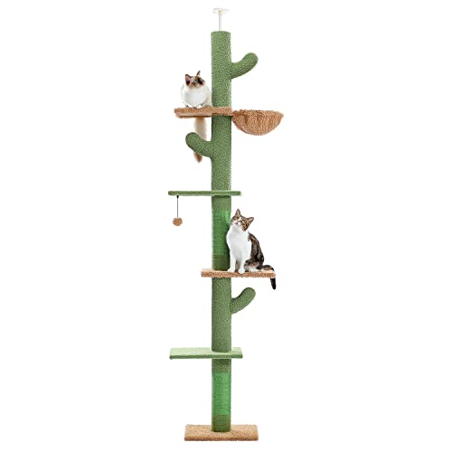 PAWZ Road Kaktus Kratzbaum Boden bis zur Decke Katzenturm mit Einstellbarer Höhe (229-275cm), 5 Ebenen Katzenturm mit gemütlichen Hängematte, Plattformen und baumelnden Kugeln