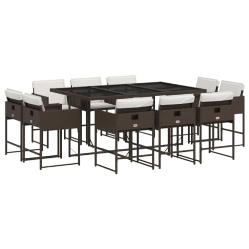 vidaXL Garten Essgruppe 11-TLG., Gartenm?Bel Set Tisch mit Glasplatte 10 Stühle, Gartengarnitur mit Kissen, Sitzgruppe Terrasse, Braun Poly Rattan
