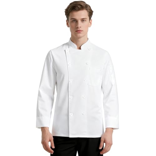 DiULi Kochbekleidung Professionelle, Kochjacke Langarm Unisex mit Knöpfe, Chef Uniform Langarm, Ohne Einlaufen, Weiß, L