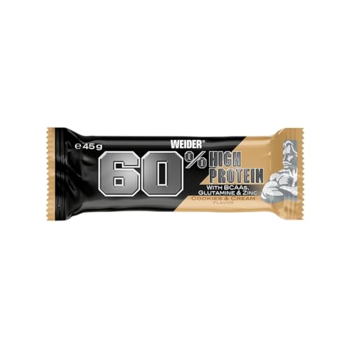 Weider 60% Proteinriegel - Hochproteinhaltiger Riegel mit 27g Protein, wenig Zucker, BCAAs & Zink - Ideal für Muskelwachstum - 24er Pack - Cookies & Cream
