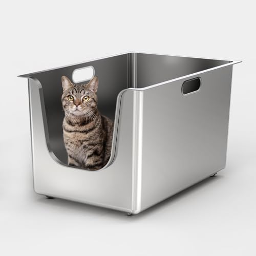 PTLOM Katzentoilette aus Edelstahl, 30 cm Hohe Seitenwände, XL-Metall-Katzentoilette mit Gebogenem, Niedrigem Einstieg, Katzenklo Edelstahl für Große Katzen und Mehrere Katzen