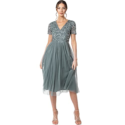 Maya Deluxe Damen Midi-Kleid mit V-Ausschnitt, Verziert Brautjungfernkleid, Grün (Misty Green), 38 EU