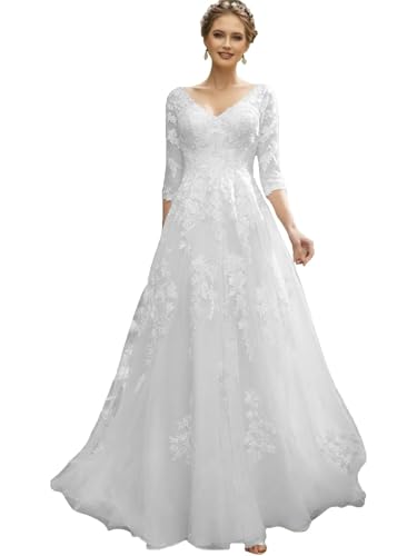 HUINI Boho Hochzeitskleider für die Braut Spitzenapplikationen Tüll A-Linie Halbärmel Lange Brautkleider mit Schleppe Weiß 48