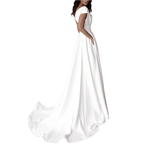 Damen Brautkleider A-Linie Lang Spitzen Hochzeitskleider mit Ärmel Prinzessin Trauung Kleid Standesamtliche Brautkleid Damen Lang Schlichte Brautmode Tüll V-Ausschnitt