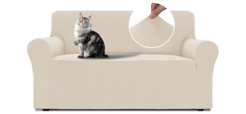 BellaHills Stretch Sofa Überzug 2 Sitzer (135-165cm), Couchschoner rutschfest Mit Armlehne, Elastische Sofahusse, Decke Sofa Schutz Für Hunde, Natur