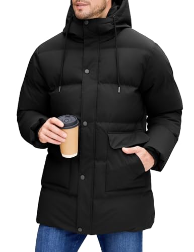 Xnova Winterjacke Herren Gefütterte Lang Steppjacke Bubble Jacket Winddicht Warme, Wasserabweisend Parka Mantel mit Kapuze (Schwarz, M)