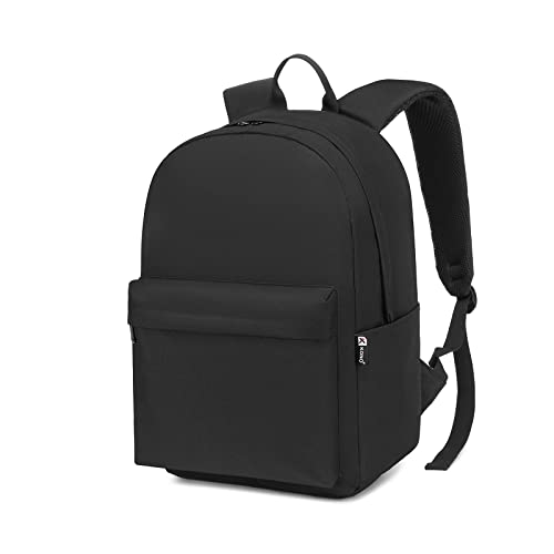KONO Schwarzer Rucksack wasserdicht, Schulrucksack für Teenager Jungen und Mädchen, Leichter Basic Rucksack Herren & Damen, Arbeitstasche mit 15.4 Zoll Laptopfach, Reise und Tagesrucksack (Schwarz)