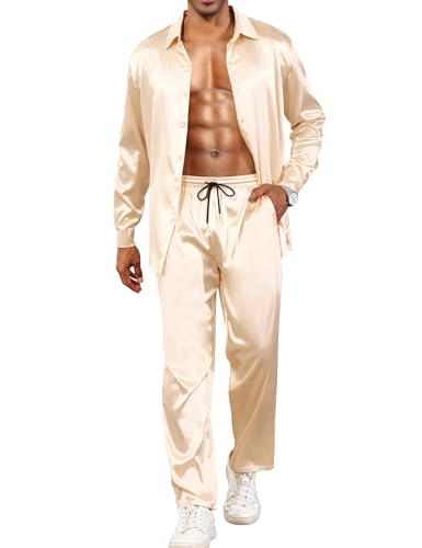 Babioboa Herren Satin Zweiteiliger Lapel Langarm Knopfleise Tops Jogger Hosen Set Tasche Dinner Suit(Champagne,M)