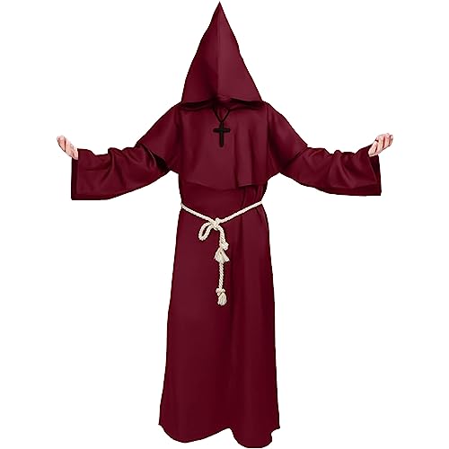 Kitimi Mönch Kostüm Herren Mit Kapuze und Kreuz, Mönchskutte, Nonnen Priester Robe, Mittelalter Pfarrer Verkleidung für Karneval und Halloween