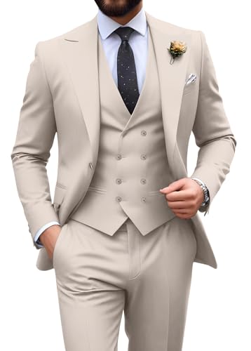 Herrenanzug, schmale Passform, 3-teilig, zweireihig, formelle Smoking-Set, lässig, Hochzeit, Abschlussball, Bräutigam, Light Champagne, M