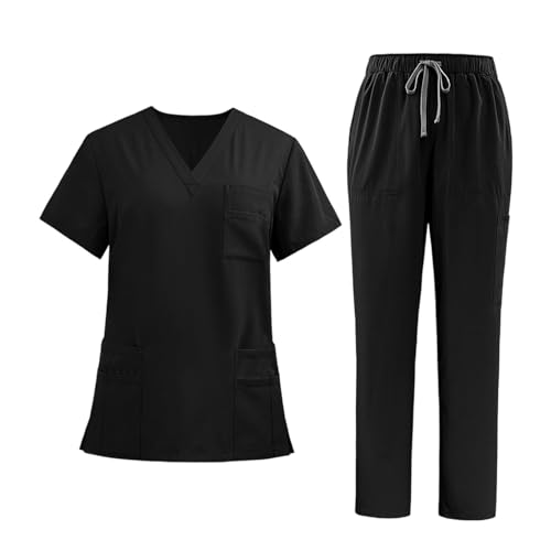 Harilla Peeling-Set für Frauen, Krankenschwester-Arbeitskleidung -Ausschnitt, professionelles maschinenwaschbares Oberteil und Jogginghose, Schwarz, m