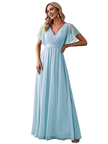 Ever-Pretty Damen Brautjungfernkleider Gürtel Lang A-Linie Empire Kurze Ärmel V-Ausschnitt Chiffon Elegant Himmelblau 42EU