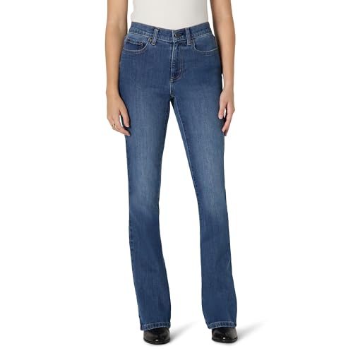 Amazon Essentials Damen Hochelastische Schmal Geschnittene Slim-Fit-Bootcut-Jeans Mittelhoher Bund, Klassische Mittlere Waschung, 42