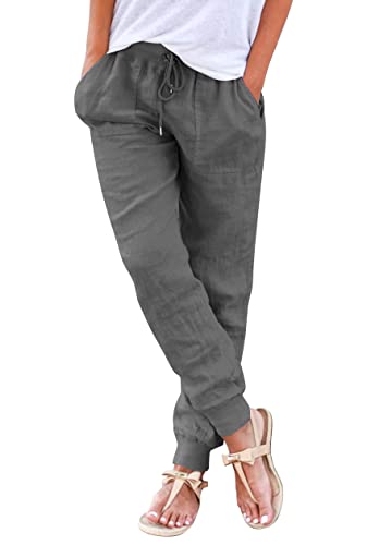 Hose Damen Sommer Casual Baumwolle Leinen Stoffhose Einfarbig Freizeithose Stretch Leicht Leinenhose Straight Leg Hose und Taschen (Z dunkelgrau, M)