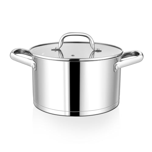 Homikit 24cm Kochtopf, 5,7L Groß Edeastahl Topf Nudeltopf Induktion mit 3-Lagen Böden für alle Herdearten Geeignet, Suppentopf Fleischtopf mit Glasdeckel, Unbeschichtet & Spülmaschinenfest