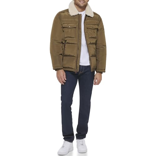 GUESS Mittelschwere Pufferjacke für Herren mit abnehmbarer Kapuze, Oliv/Blatt für mich (Leaf It to Me), S