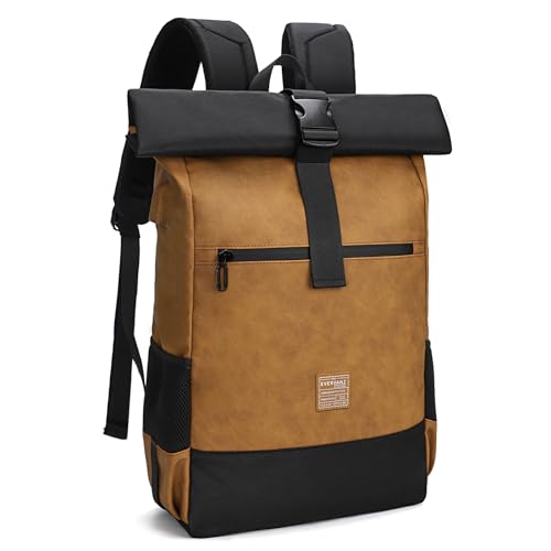 EverVanz Rolltop Laptop Rucksack -Tagesrucksack aus Leder und Polyester -Groß Rucksack Mit USB Ladeanschluss - Schulrucksack mit Laptopfach17 Zoll - Wasserabweisend Backpack für Damen & Herren