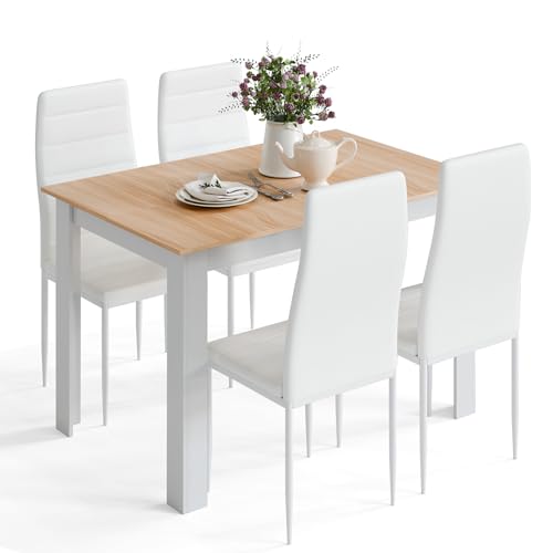 Mondeer Esstisch mit 4 Stühlen Set, Essgruppe mit Hochlehner Kunstleder Stuhl für Küche Esszimmer Wohnzimmer, W120 x D80 x H75 cm, Weiß und Eiche