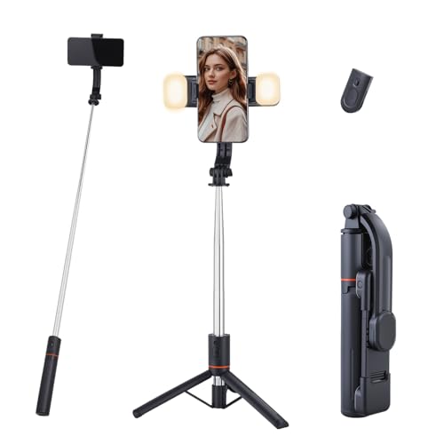 UTEBIT Selfie Stick mit 2 Fülllicht, 116cm Handy Stativ mit Abnehmbarer Fernbedienung, 360° Drehbarer Tragbar Stativ Handyhalterung Kompatibel mit iPhone 17 16 15 Pro Max/Samsung Galaxy S25/Android