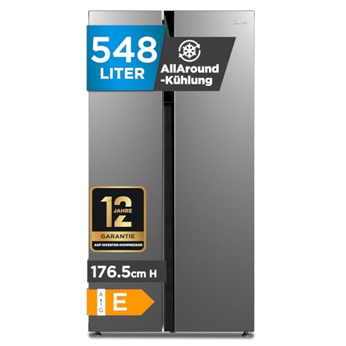 Midea MERS530FGE02 Side-by-Side Kühl-/Gefrierkombination/No Frost/Inverter Compressor/176,5 cm hoch/347 L Kühlen/201 L Gefrieren/Doppelte Steuerung/SuperCool/35dB, Inox