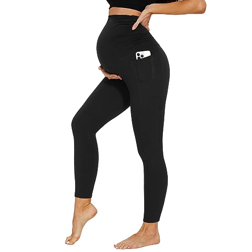 DDOBB Damen Umstandsleggings mit Taschen Schwangerschaftsleggings High Waist Umstandshose Blickdichte Weich Elastisch Umstandsmode Zuhause Yoga Sport(schwarz, M)
