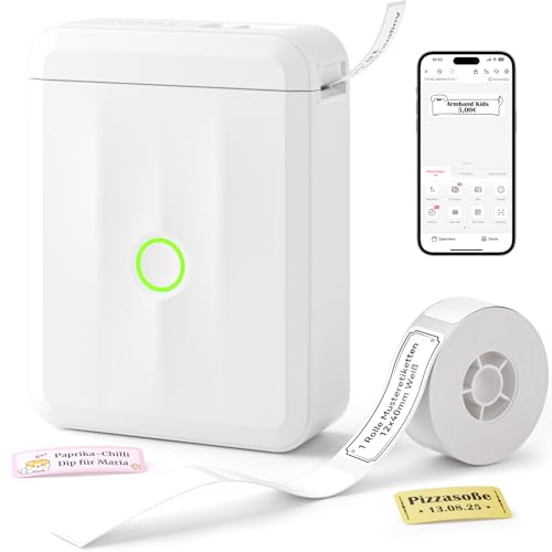 NIIMBOT Etikettendrucker D110 Upgrade, Mini Bluetooth Etikettiergerät Beschriftungsgerät Selbstklebend, Tragbares Sticker drucker Label Printer mit iOS Android, Geeignet für Zuhause Schule Büro, Weiß