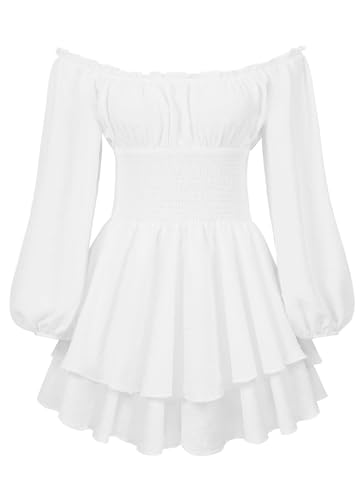 Miolasay Damen Puffkleid mit Rüschen, integrierte Shorts, Spitze, U-Boot-Ausschnitt, lange Ärmel, Volant, Body, schulterfrei, lange Ärmel, mehrlagiges, kurzes Kleid, weiß, M