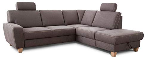 Cavadore Ecksofa Wisconsin mit Federkern / Sofagarnitur mit 2 Kopfstützen / Landhausstil / Holzfüße in Buche / Mikrofaser in Lederoptik / Größe: 248 x 88 x 215 cm (BxHxT) / Farbe: Grau