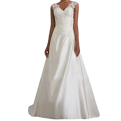 YOUCAI Damen Abendkleider Hochzeitskleid V-Ausschnitt Romantisches Elegant Partykleid Lang Spitze Maxikleid Brautkleider,Weiss,EU40