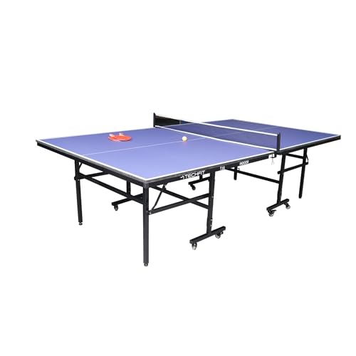 TechFit Table de Ping-Pong d'Intérieur Pliable – Dimensions 274x152,5 cm, Blat 3tec MDF Premium, Système Pliage SMS, Filet Inclus, 4 Roues Pivotantes, Blue