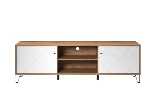 trendteam smart living - Touch - Lowboard - Weiß/Eiche - TV-Unterteil mit 2 Türen, 2 offenen Fächern - Fronten mit dekorativer Fräsung - (BxHxT) 183 x 56 x 40 cm - extravagante schwarze Metallfüße