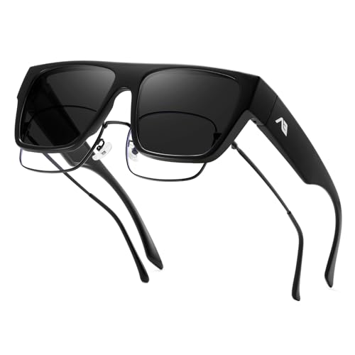 kimorn High Protection Fit Über Sonnenbrille Polarisierte übergroße UV400 für Männer und Frauen (Schwarzer Rahmen/graue Linse)