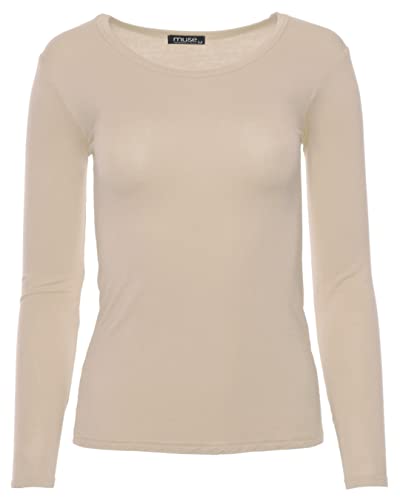 Easy Young Fashion - Damen Basic Rundhals Shirt - Langarm Unterziehshirt - Skinny Fit 1093 - Beige S